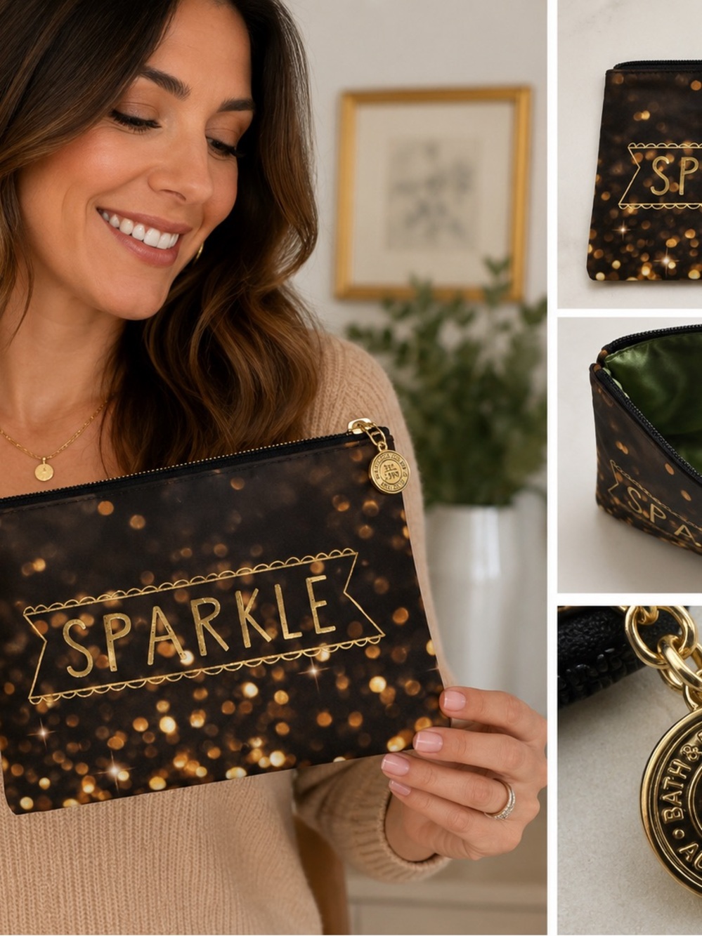 Bath & Body Works Sparkle Brown & Gold Cosmetic Makeup Pouch